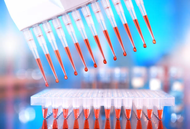 istock Sciebtific background with multichannel pipette 671918610