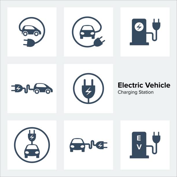 elektrofahrzeug aufladen station icons set - fahrzeug mit hybrid antrieb stock-grafiken, -clipart, -cartoons und -symbole