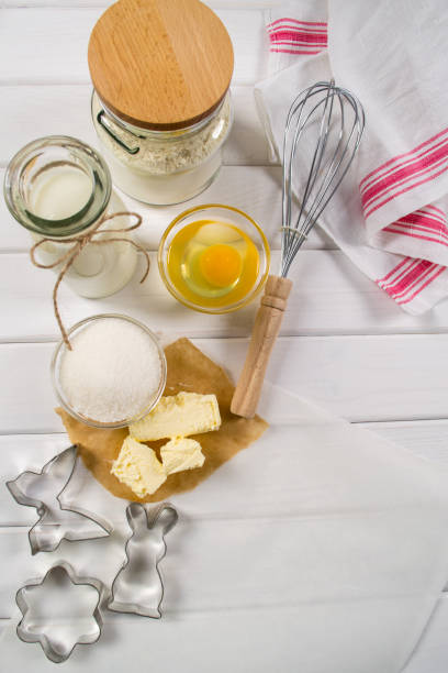 istock Baking cake . Dough  recipe ingredients  and rolling pin  from above. 671929670