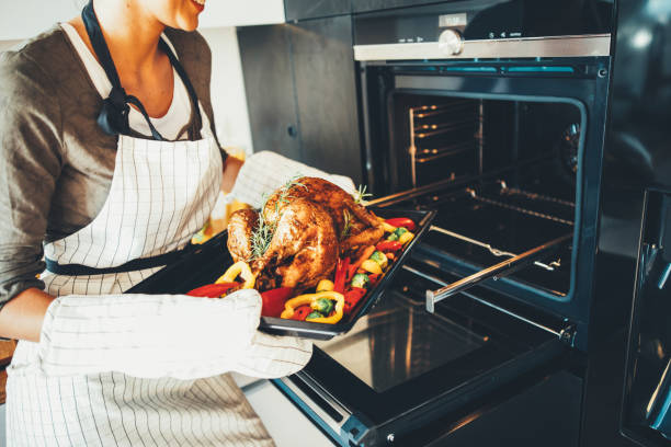 Young woman taking the dinner out of the oven Young woman taking the turkey out of the oven, turkey thanksgiving dinner cooked stock pictures, royalty-free photos & images
