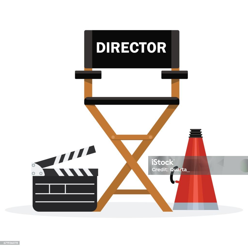 black director chair Film directors chair with megaphone, projector, camera and clapboard. Work on the set of the film. Flat vector cartoon illustration. Objects isolated on a white background. Director's Chair stock vector