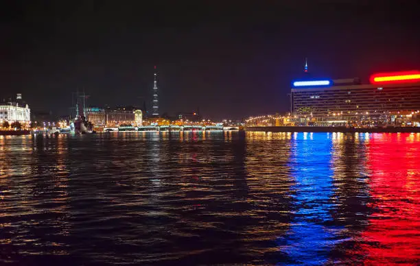 Night view from the boat on river of the Saint-Petersburg city, Russian Federation