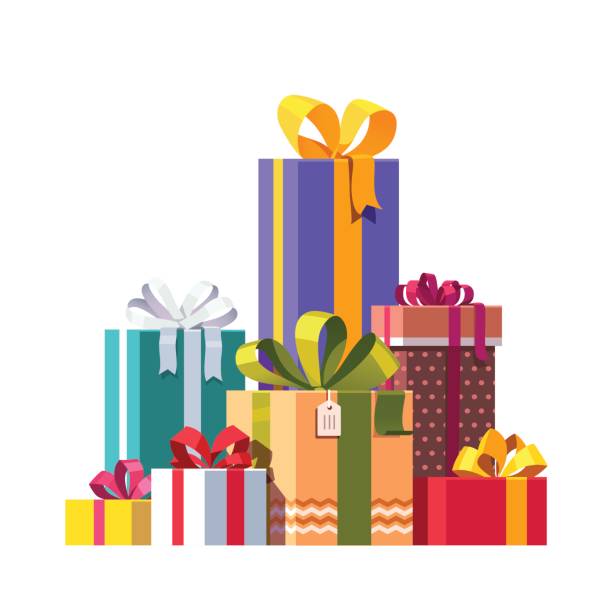 ilustraciones, imágenes clip art, dibujos animados e iconos de stock de grandes pila de cajas de regalo colorido acolchado - regalos navidad