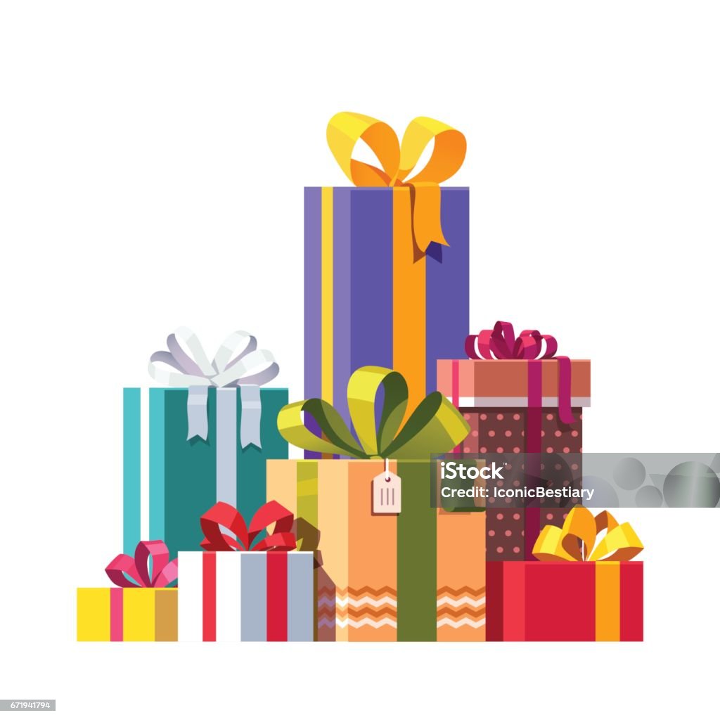 Big pile of colorful wrapped gift boxes Big pile of colorful wrapped gift boxes decorated with ribbon, bows and ornaments. Lots of holiday presents. Flat style vector illustration isolated on white background. Christmas Present stock vector