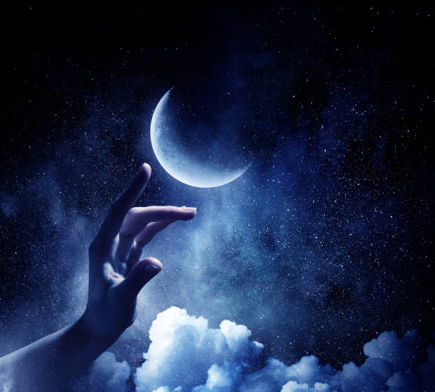 Moon planet in hand . Mixed media