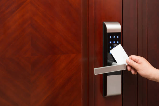 istock electronic door lock opening by an blank security card 671952670