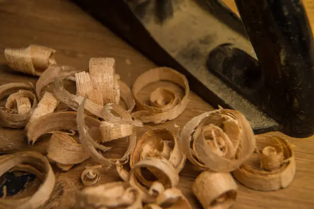Woodchips (shavings) on wooden surface