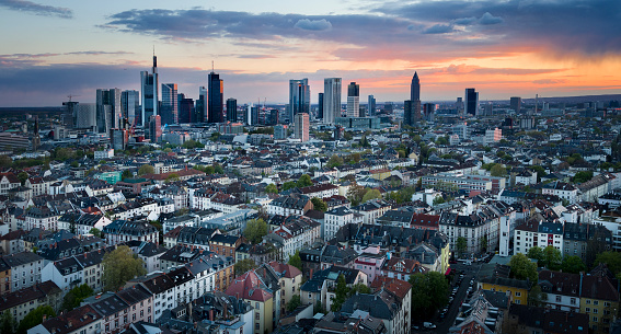 Skyline of Frankfurt at dusk, aerial view - Nordend, downtown and financial district