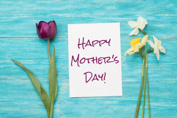 happy mother's day, text and two spring flowers over turquoise wooden planks