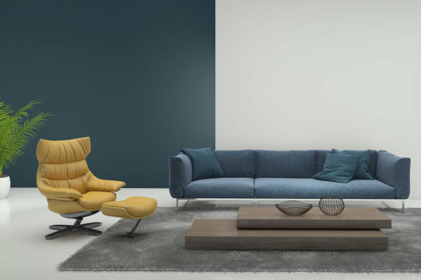 istock Minimalist modern interior with yellow armchair 671964858