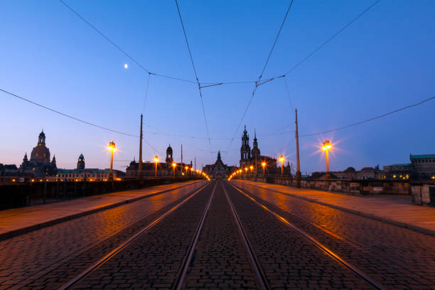 A narrow street in the historic center of Dresden in the morning without pedestrians and cars