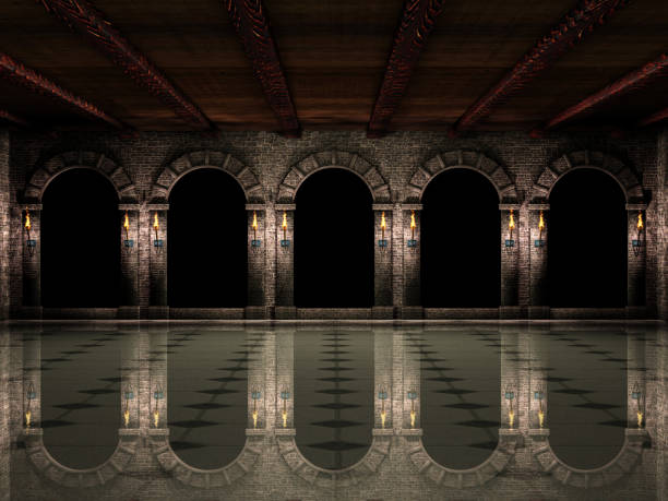 Castle hall and arches Dark medieval castle hall with arches and torches.3d illustration. turret arch stock illustrations