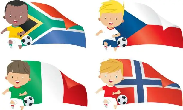 Vector illustration of World flags and children soccer