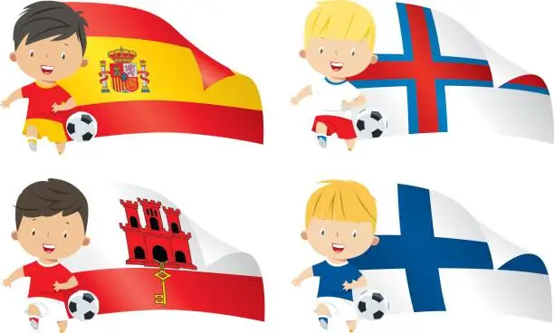 Vector illustration of World flags and children soccer