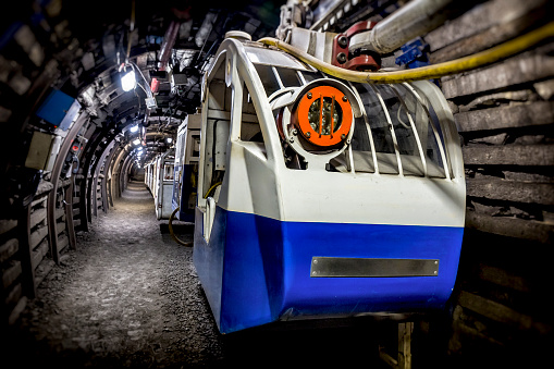 Coal mine underground corridor with overhead cable car system in Makoszowy coal mine, Poland