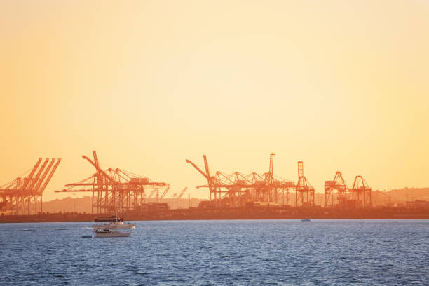 istock Long Beach shipping port with cranes at sunset 671982580