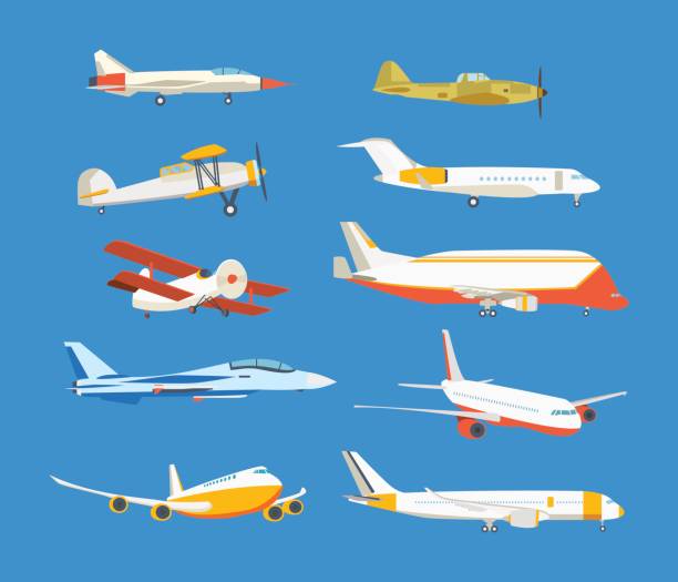 비행기 승객, 시민에 어 버스, 군사, 복 엽 비행기, 비행기 고층의 종류 - commercial airplane airplane airbus passenger stock illustrations