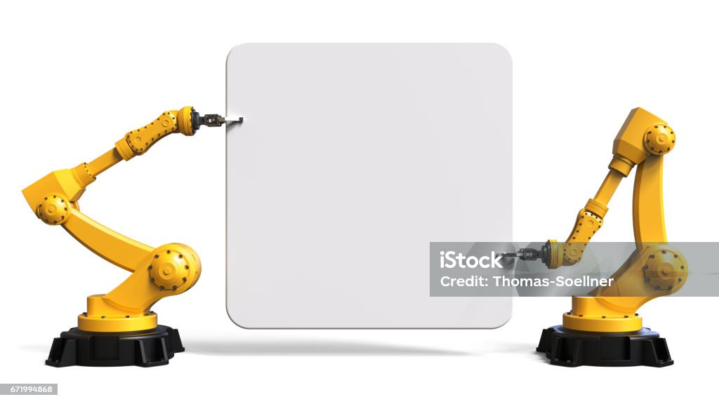 Robots holding a board Industrial robots holding a board isolated on white background 3D rendering Robotic Arm Stock Photo