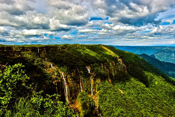 Seven sisters fall or Nohsngithiang Falls is located in Cherrapunjee in Meghalaya.