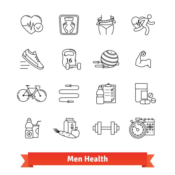 illustrazioni stock, clip art, cartoni animati e icone di tendenza di fitness e salute degli uomini. set di icone artistiche a linea sottile - icon set healthy