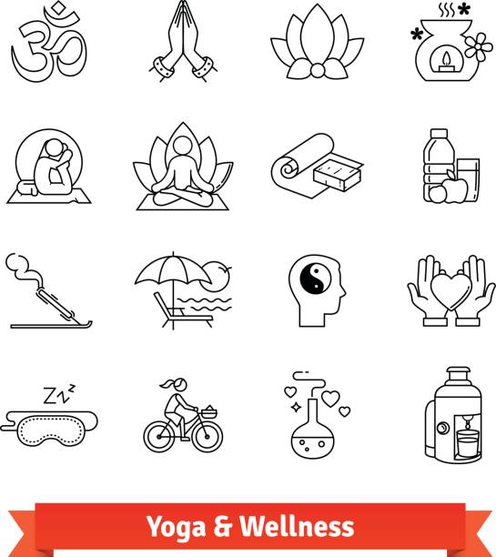 Yoga workout and wellness program. Icons set Yoga workout and wellness program. Thin line art icons set. Recreation center, ayurvedic spa therapies, health dieting, meditation practice retreat. Linear style symbols isolated on white. bike hand signals stock illustrations