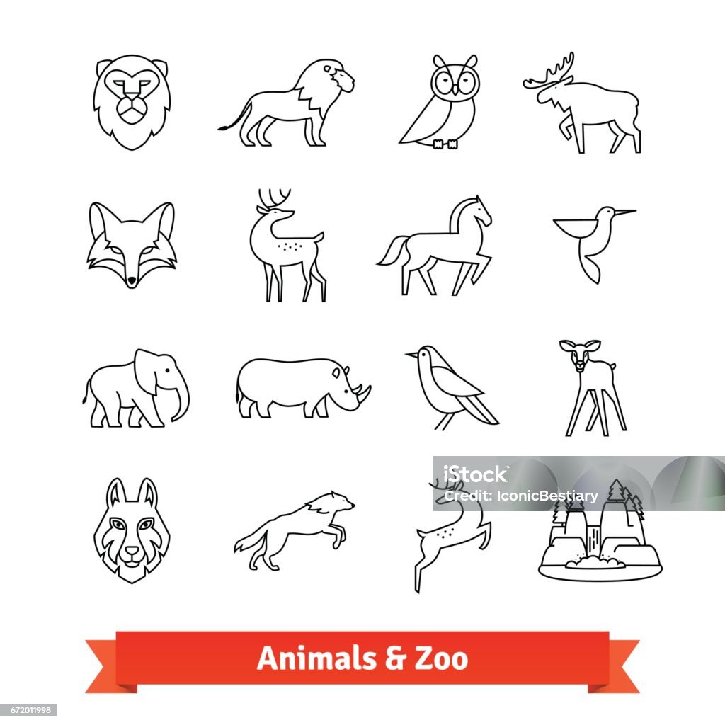 Zoo-Tiere und Vögel. Dünne Linie Kunst Icons set - Lizenzfrei Icon Vektorgrafik