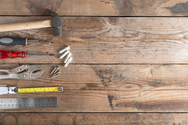 istock Tool renovation on wood background with space for copy. 672012100