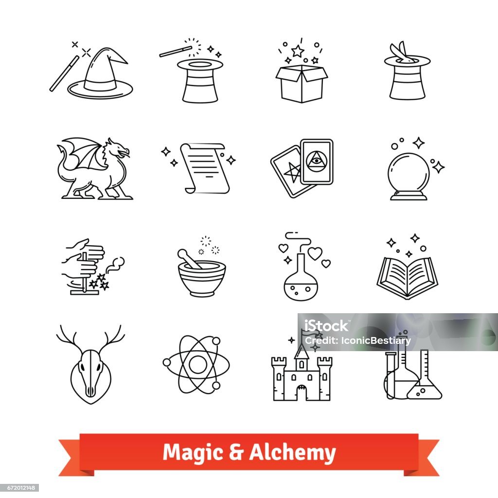 Magie et ensemble d’icônes d’alchimie fine art - clipart vectoriel de Icône libre de droits