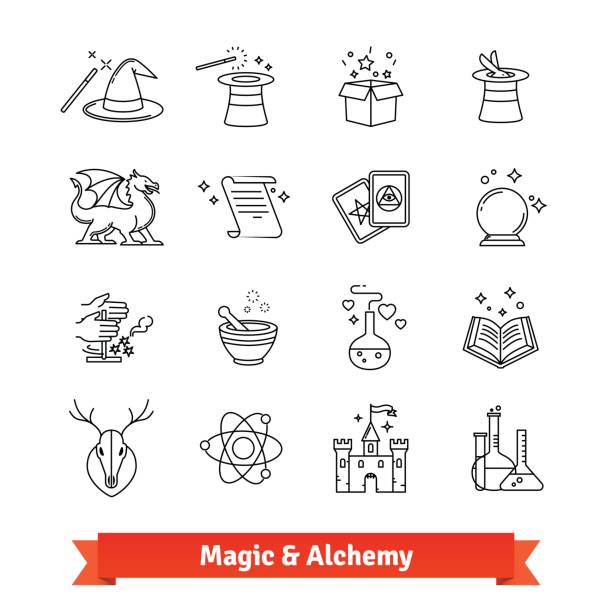 zestaw cienkich ikon grafiki magicznej i alchemii - magic ball stock illustrations