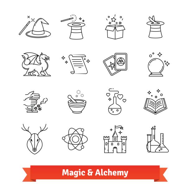 Magic and Alchemy thin line art icons set Magic and Alchemy thin line art icons set. Fairy tale, fantasy, fiction books. Linear style symbols isolated on white. magic ball stock illustrations