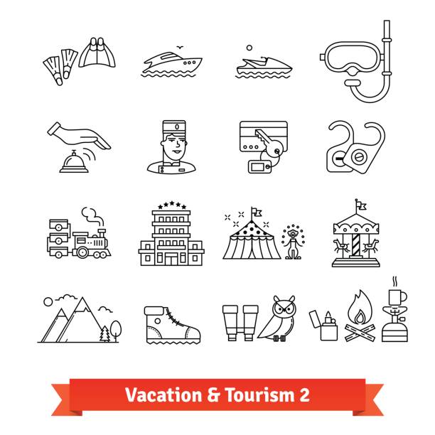 ilustrações, clipart, desenhos animados e ícones de recuperação de turismo e de férias. conjunto de ícones de linha fina - symbol hotel computer icon icon set