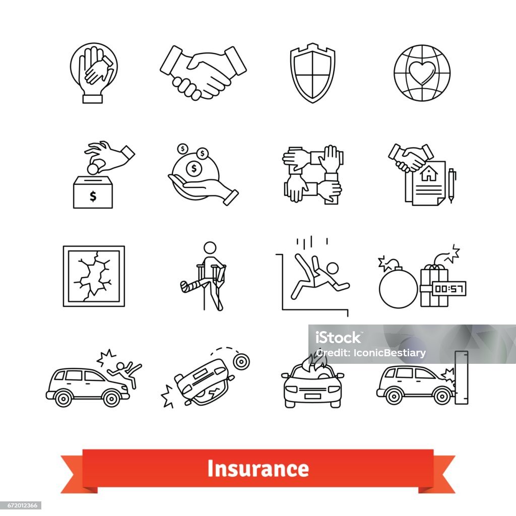 Accidents and Insurance. Thin line art icons set Accidents and Insurance. Thin line art icons set. Life, money, property protection. Linear style symbols isolated on white. Line Icon stock vector