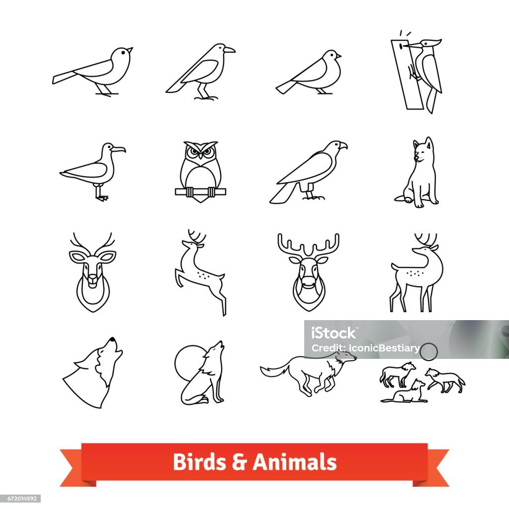 Sauvages animaux et oiseaux fine art icônes définies - clipart vectoriel de Icône libre de droits