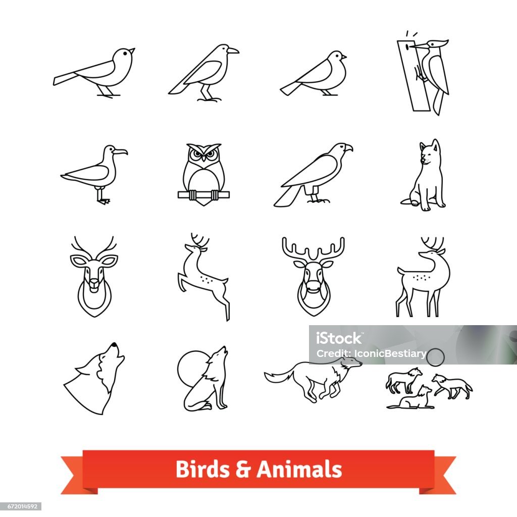 Wild animals and birds thin line art icons set Wild animals and birds thin line art icons set. Wildlife zoology, hunting trophies. Linear style symbols isolated on white. Icon Symbol stock vector