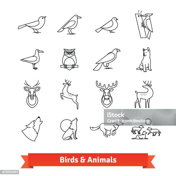 Wild Animals And Birds Thin Line Art Icons Set Stock Illustration - Download Image Now - Icon Symbol, Bird, Line Art