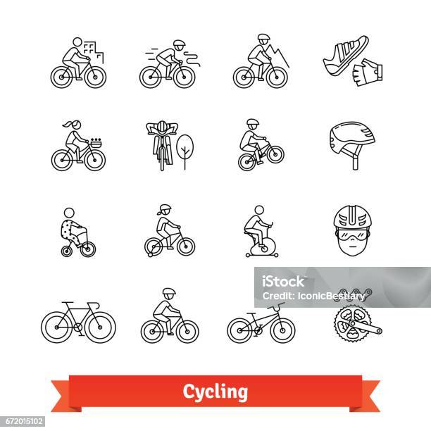 Cyclistes Minces Ligne Ensemble Dicônes Art Vecteurs libres de droits et plus d'images vectorielles de Faire du vélo - Faire du vélo, Icône, Vélo