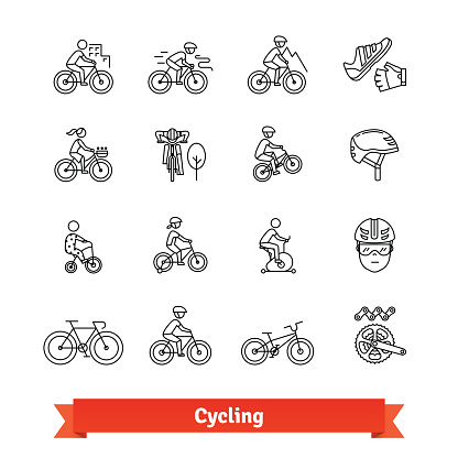 Bicycle riders thin line art icons set. Different types of bikes, cycling accessories, spare parts. Linear style symbols isolated on white.