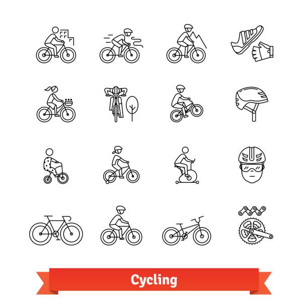 Bicycle riders thin line art icons set Bicycle riders thin line art icons set. Different types of bikes, cycling accessories, spare parts. Linear style symbols isolated on white. bike stock illustrations