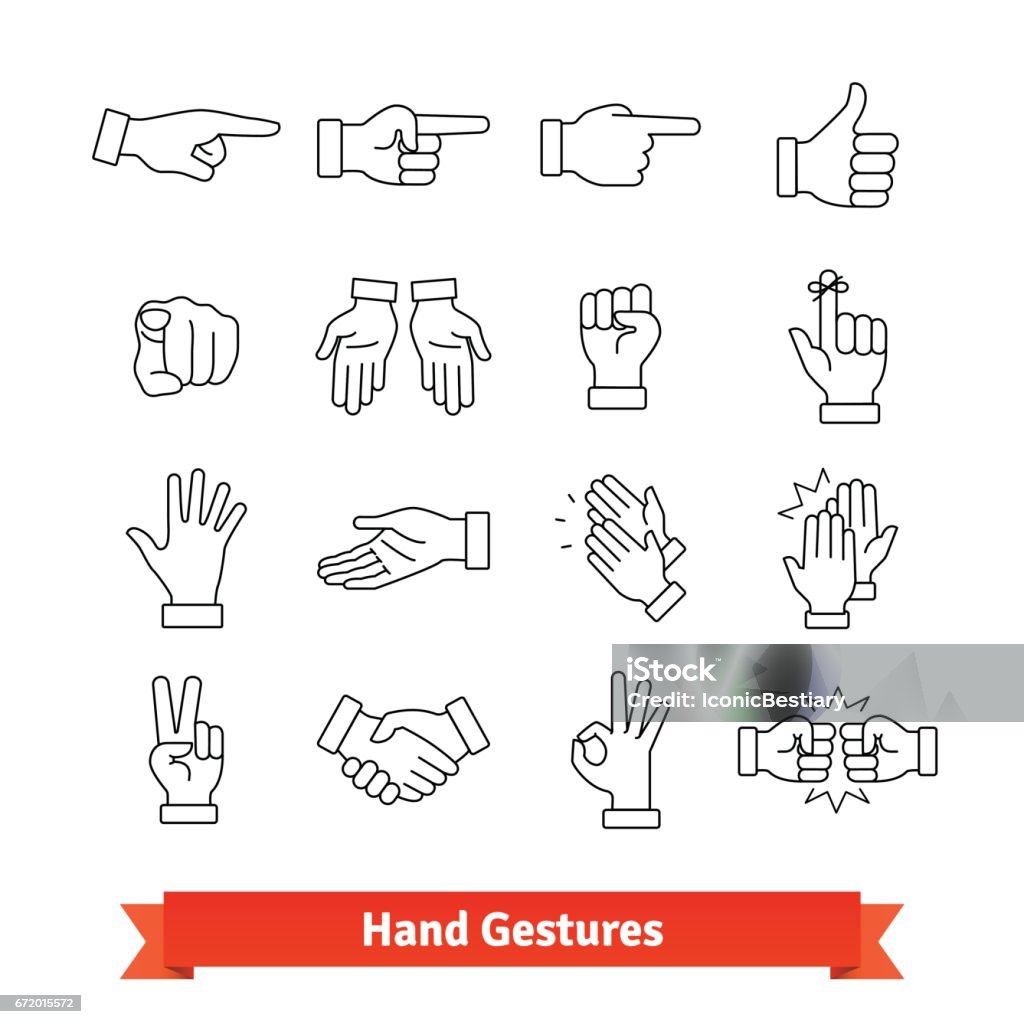 Gestes de main fine art icônes définies - clipart vectoriel de Montrer du doigt libre de droits