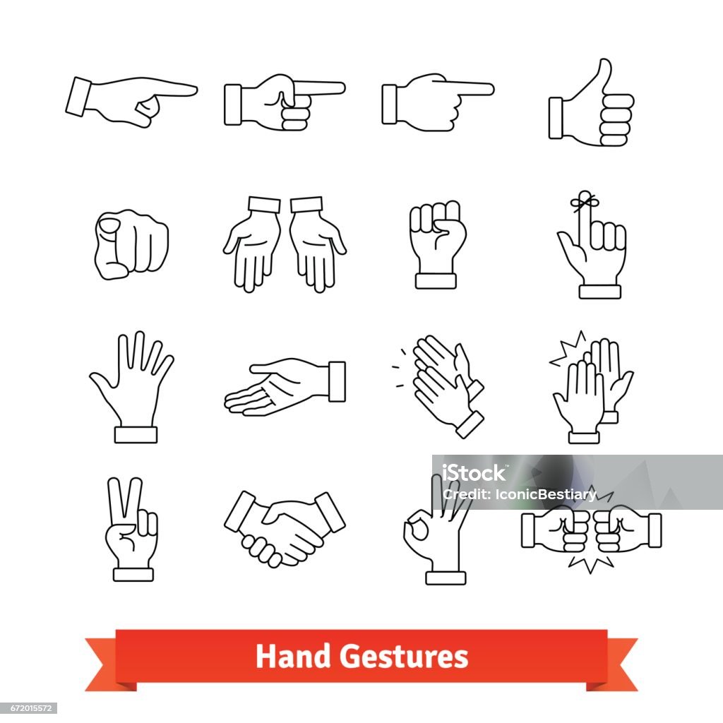 Hand gestures thin line art icons set Hand gestures thin line art icons set. Nonverbal communication signals, body language signs. Linear style symbols isolated on white. Pointing stock vector