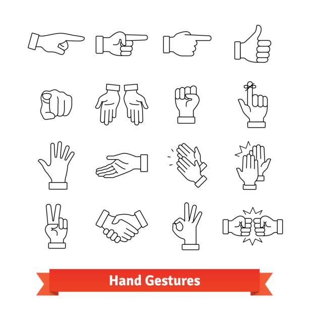 Hand gestures thin line art icons set Hand gestures thin line art icons set. Nonverbal communication signals, body language signs. Linear style symbols isolated on white. pointing illustrations stock illustrations