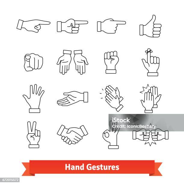 Hand Gestures Thin Line Art Icons Set Stock Illustration - Download Image Now - Icon Symbol, Pointing, Hand