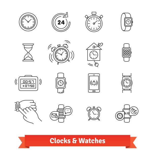 ilustraciones, imágenes clip art, dibujos animados e iconos de stock de relojes y relojes. conjunto de iconos de delgada línea arte - reloj de pulsera