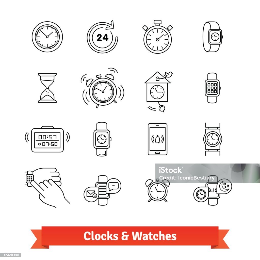 Clocks and Watches. Thin line art icons set Clocks and Watches. Thin line art icons set. Various type of time measure devices, from hourglass to smartwatch. Linear style symbols isolated on white. Alarm Clock stock vector