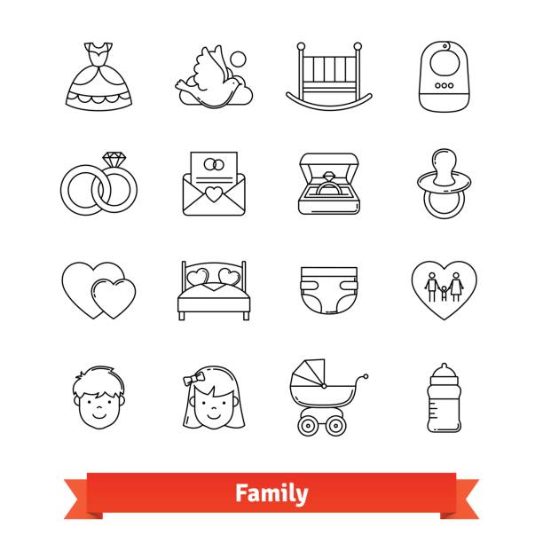 набор семейных тонких иконок - honeymoon wedding married engagement stock illustrations