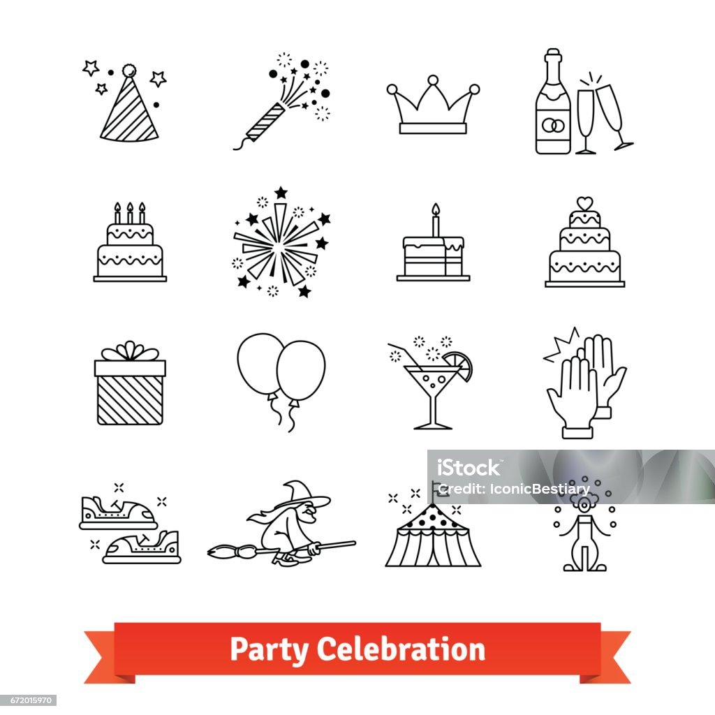 Línea delgada fiesta arte iconos conjunto. Entretenimiento - arte vectorial de Pastel de cumpleaños libre de derechos