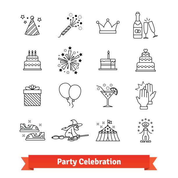 ilustraciones, imágenes clip art, dibujos animados e iconos de stock de línea delgada fiesta arte iconos conjunto. entretenimiento - food and drink holidays and celebrations isolated objects birthdays