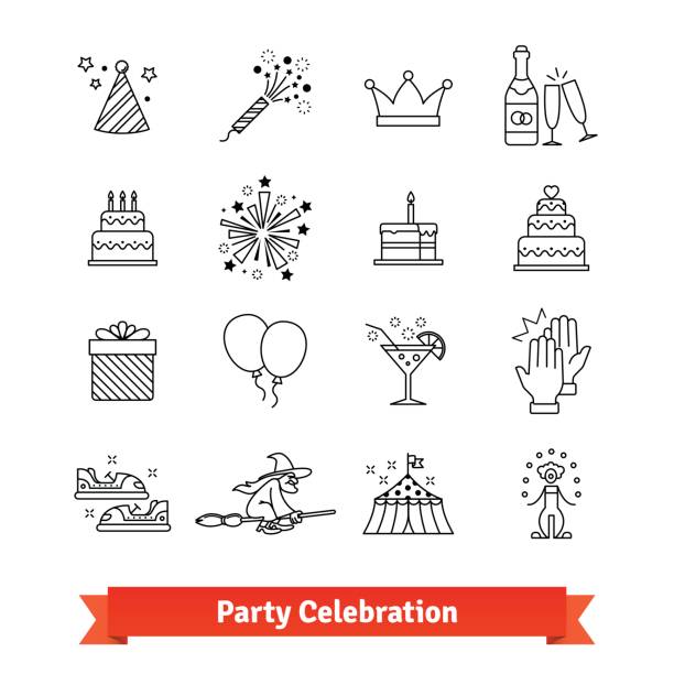 stockillustraties, clipart, cartoons en iconen met partij dunne lijn kunst pictogrammen instellen. entertainment - party hat icon
