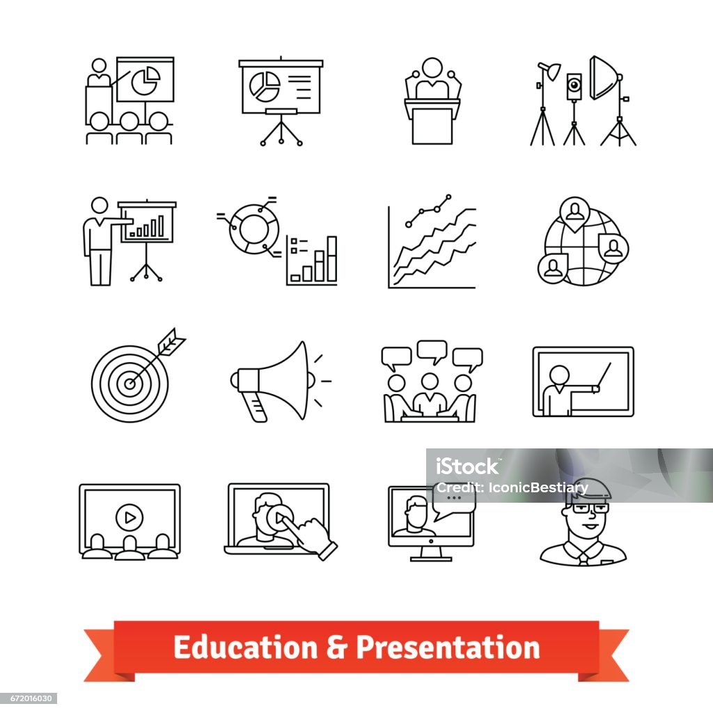 Online education and Academic presentation Online education and Academic presentation. Thin line art icons set. E-learning, office training, coaching. Linear style symbols isolated on white. Icon Symbol stock vector