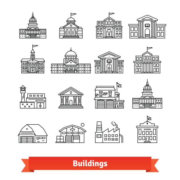 rządowy i edukacyjny zestaw budynków użyteczności publicznej - historical center stock illustrations